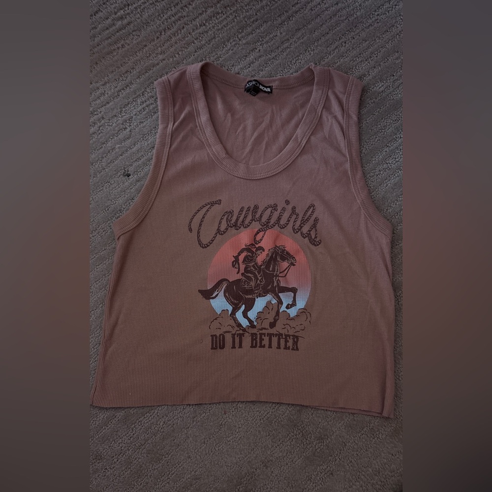 Fashion Nova Cowgirls Graphic Ribbed Tank - Dusty Mauve with Pink & Blue Sunset